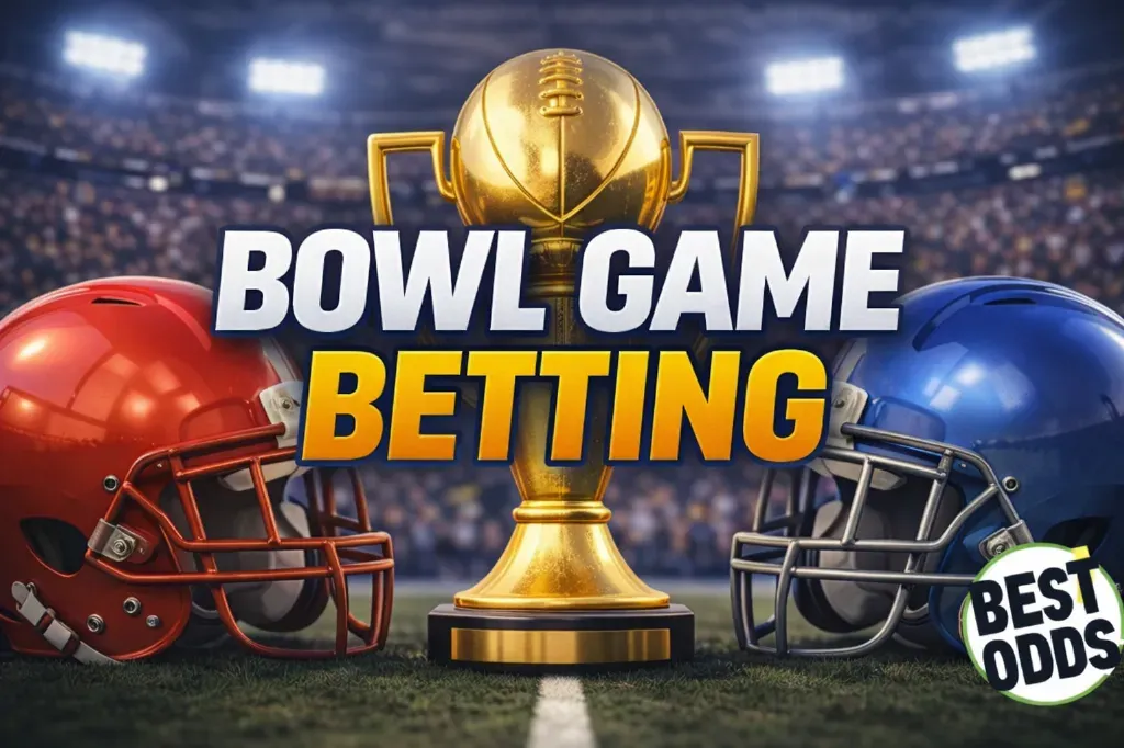 Bowl Game Betting - Banner with helmets and trophy.