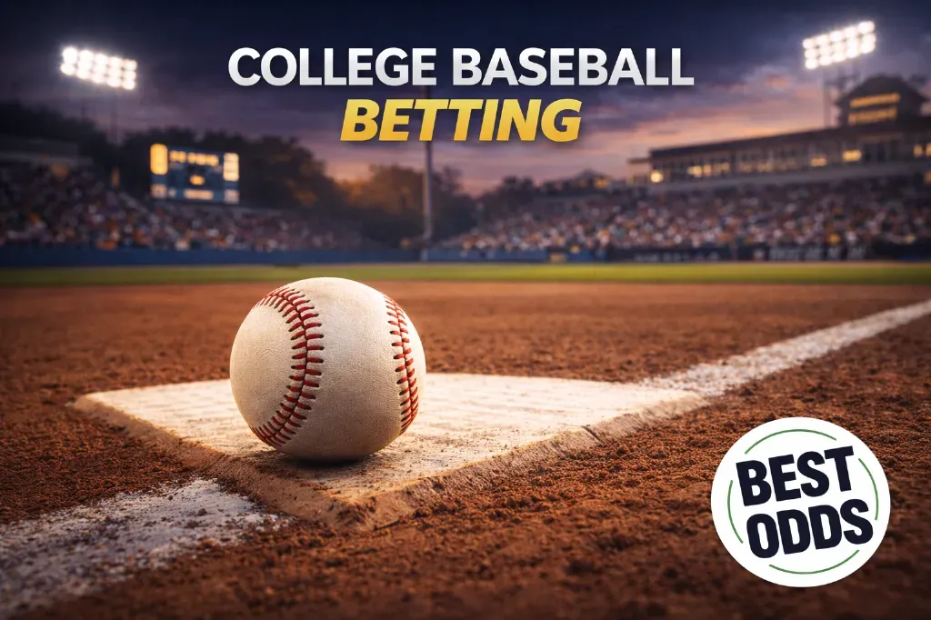 College Baseball Betting - Banner with baseball and field.