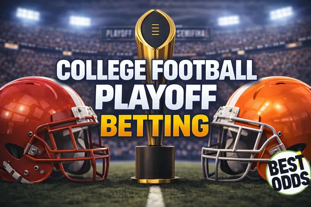 College Football Playoff Betting - Banner with helmets and trophy.