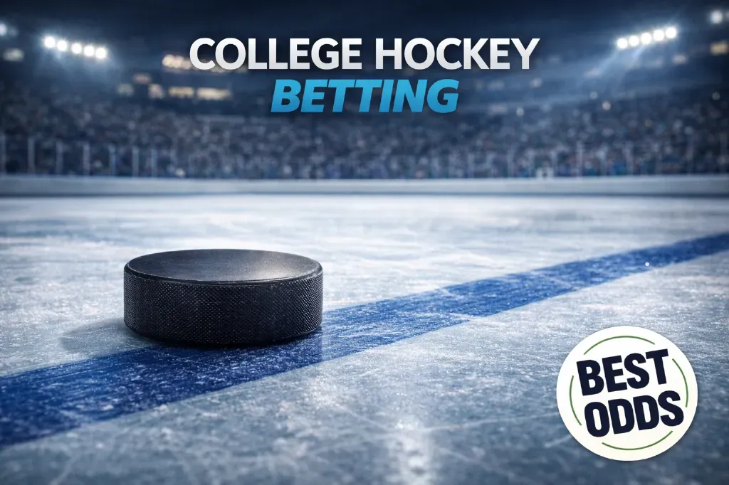 College Hockey Betting - Banner with puck on ice.
