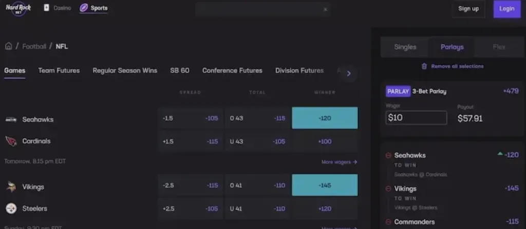 Hard Rock Bet - Dashboard with NFL betting options.