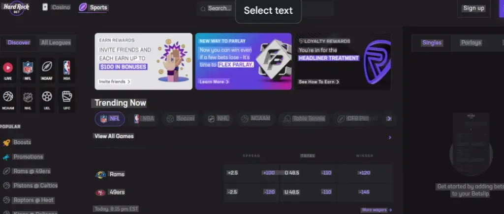 Hard Rock Bet - Dashboard with sports betting options.