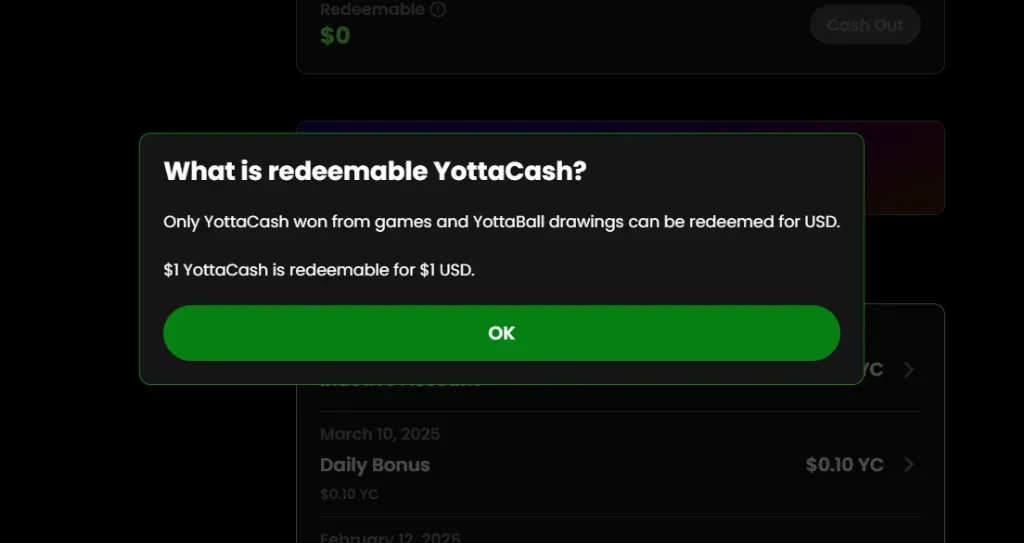 YottaCash - Banner with redeemable information.