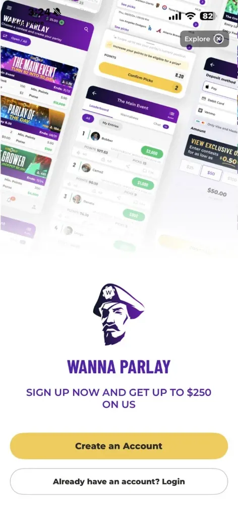 Wanna Parlay - App screenshot with betting options.
