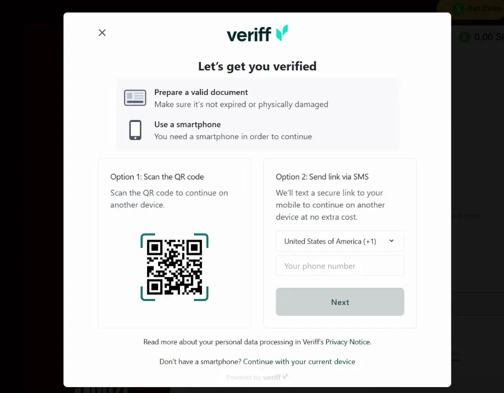 Veriff - Screenshot with verification options.