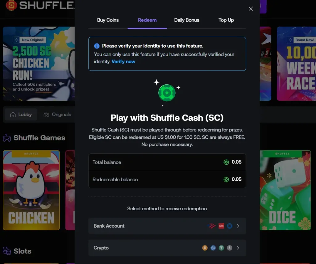 Shuffle - Screenshot with cash redemption details.