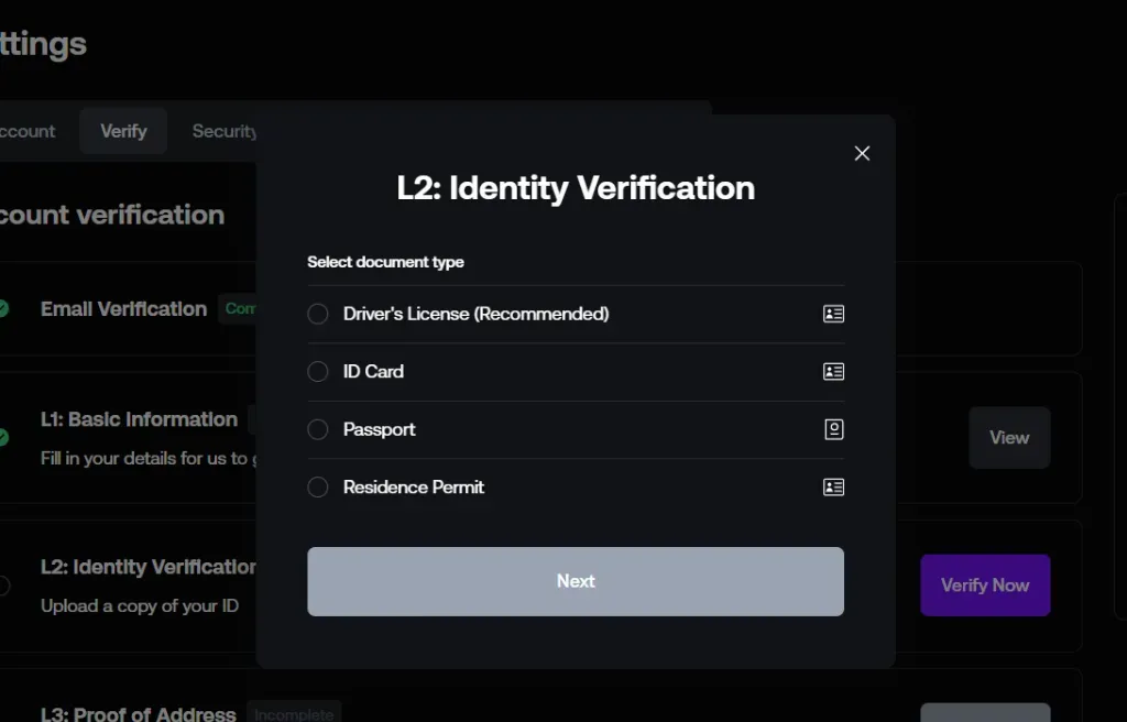 L2 - Screenshot with identity verification options.
