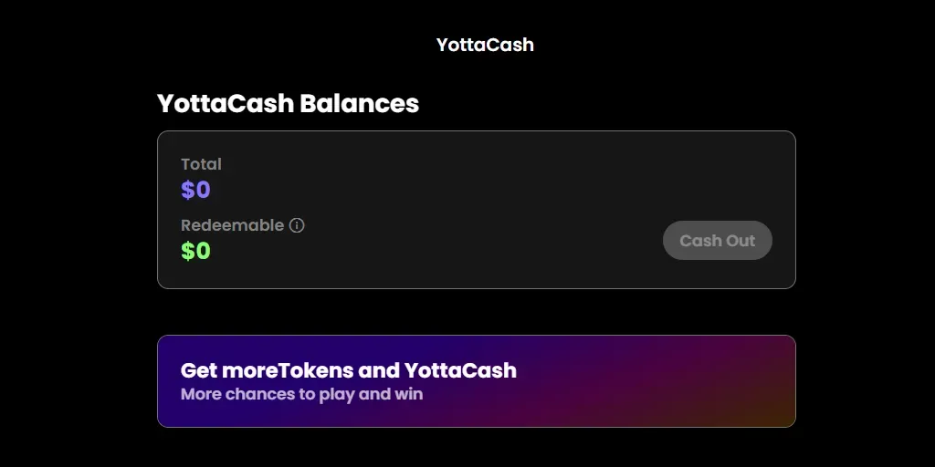 YottaCash - Banner with balance details displayed.