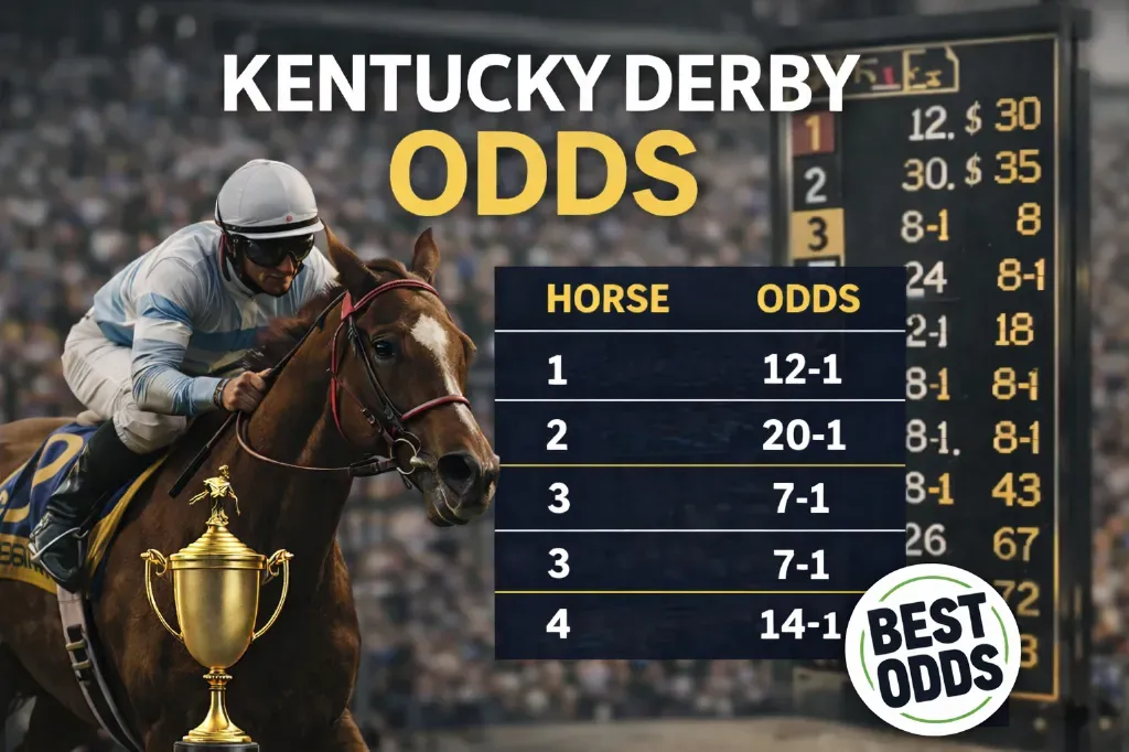 Kentucky Derby Odds - Banner with horse racing details.