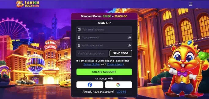Lavish Luck - Banner with casino sign-up form.