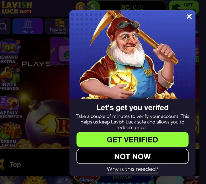 Lavish Luck - Banner with verification prompt.
