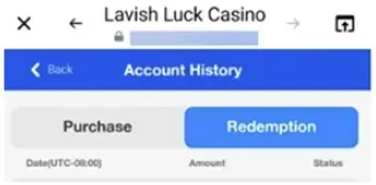 Lavish Luck Casino - Screenshot with account history.