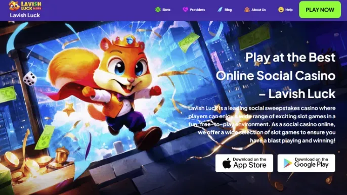 Lavish Luck - Banner with a cartoon squirrel.