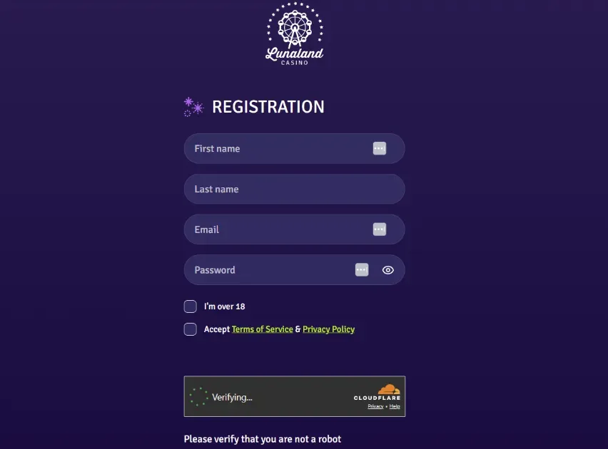 Lunaland Casino - Registration form with fields.