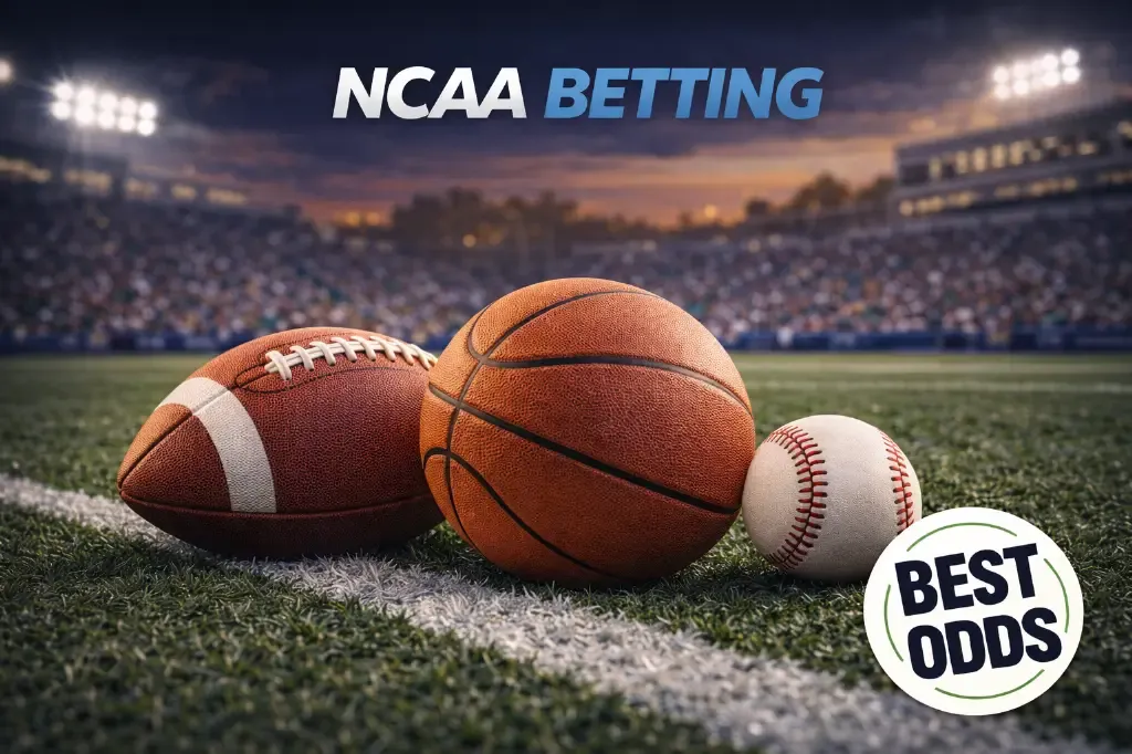 NCAA Betting - Banner with sports balls and odds.