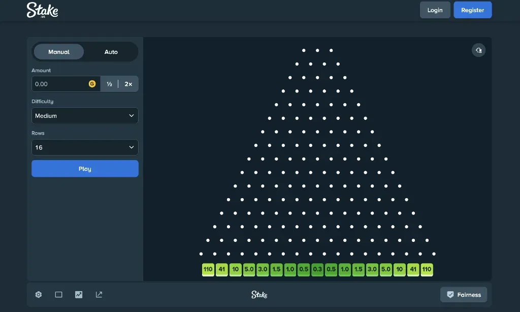 Stake.us - Game screen with Plinko setup.