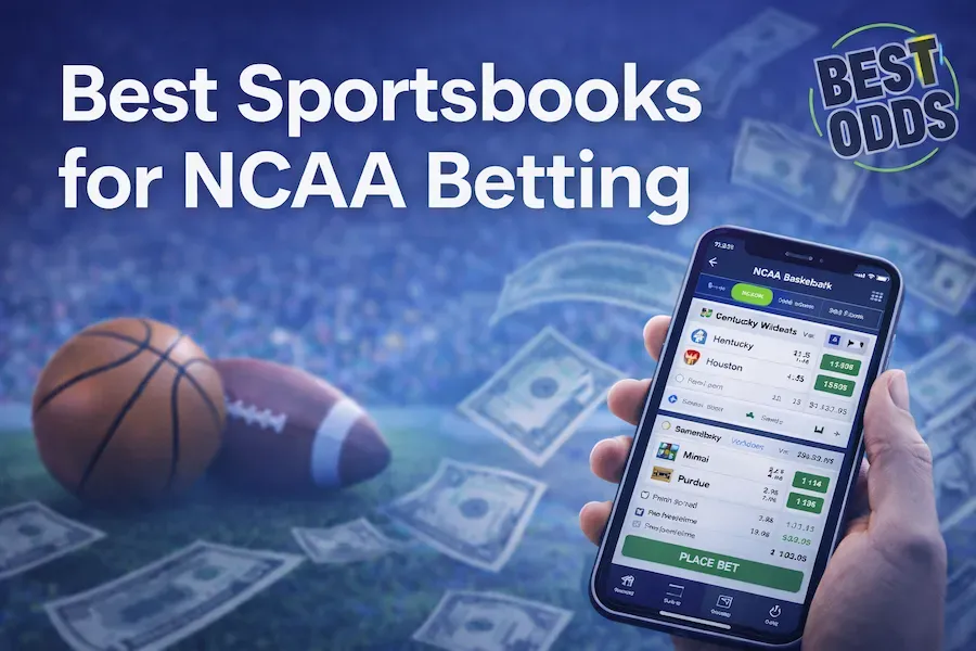 Best Sportsbooks for NCAA Betting - Banner with betting app and basketball.