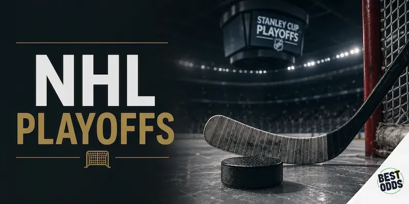 NHL Playoffs - Banner with hockey puck and stick.