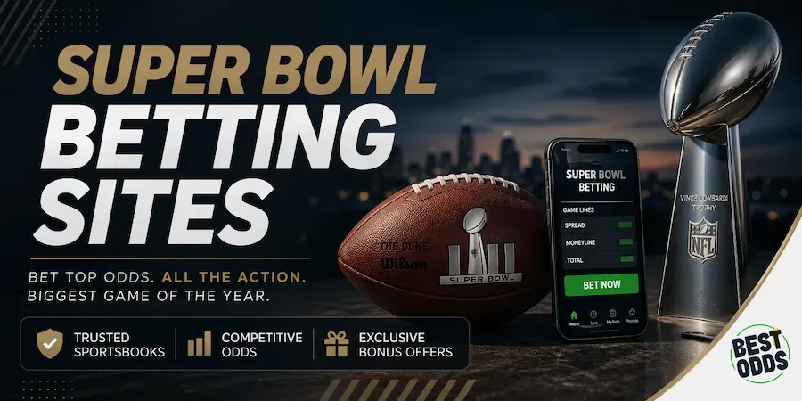 Super Bowl Betting Sites - Banner with football and trophy.