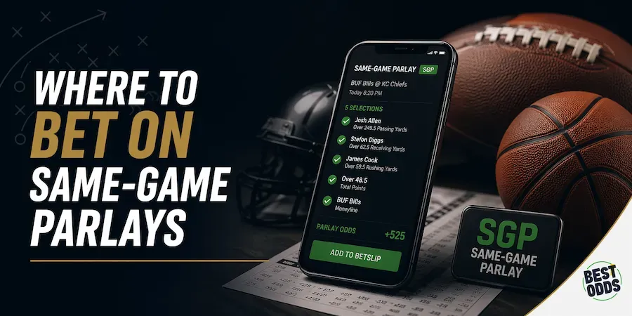 Where to Bet on Same Game Parlays - Banner with mobile app and sports equipment.