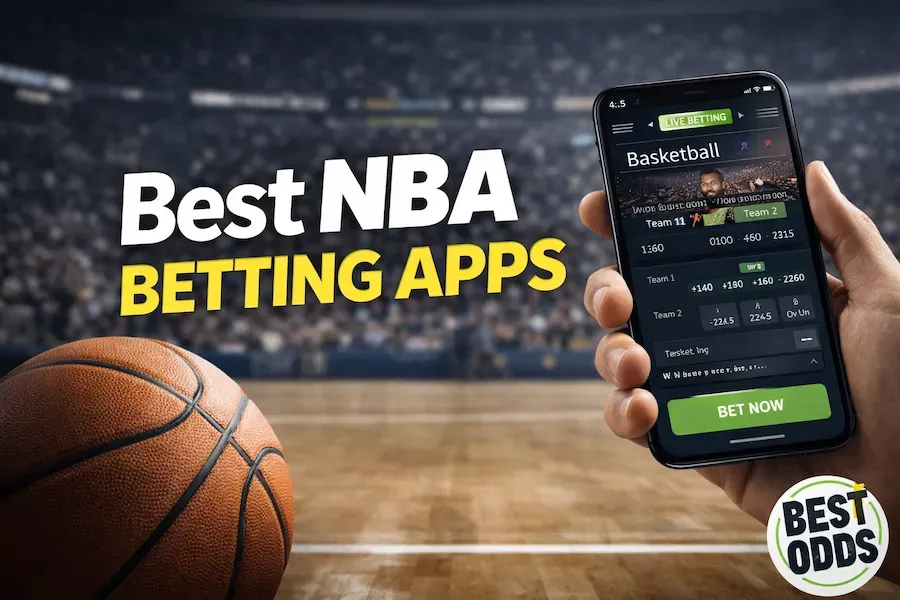 Best NBA Betting Apps - Banner with basketball and phone.