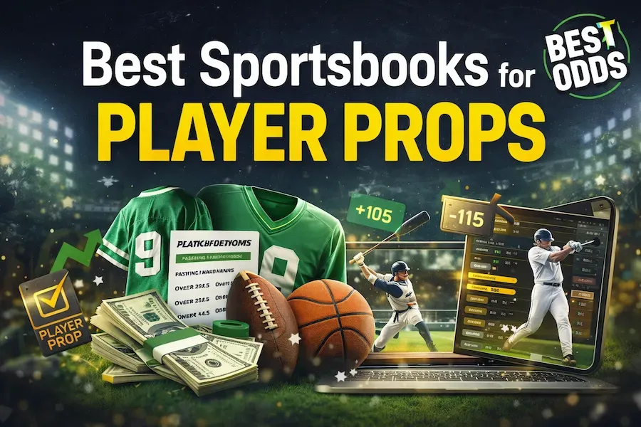 Best Sportsbooks Player Props - Banner with sports gear and odds.