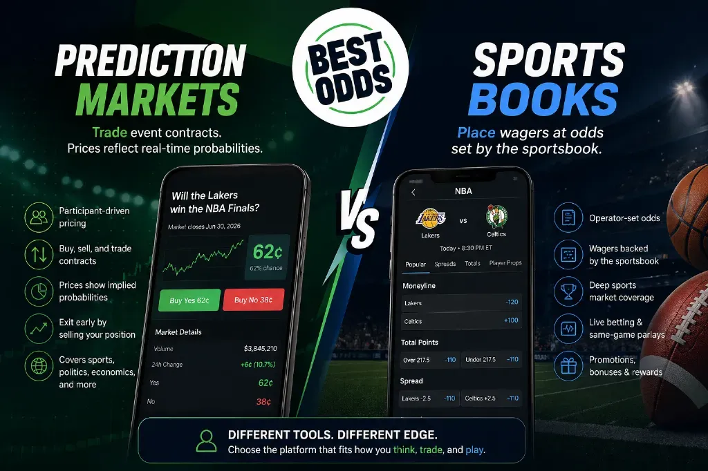 Prediction Markets vs Sportsbooks - Banner with odds comparison