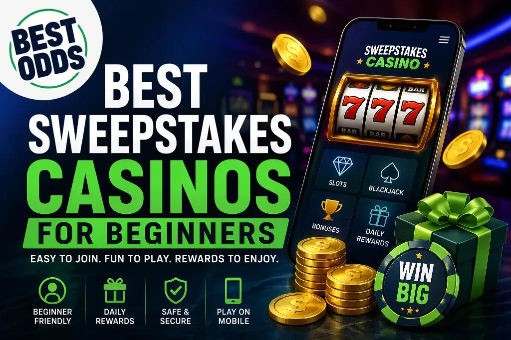 Best Sweepstakes Casinos - Banner with mobile app and coins.