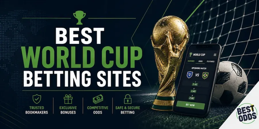 Best World Cup Betting Sites - Banner with trophy and phone.