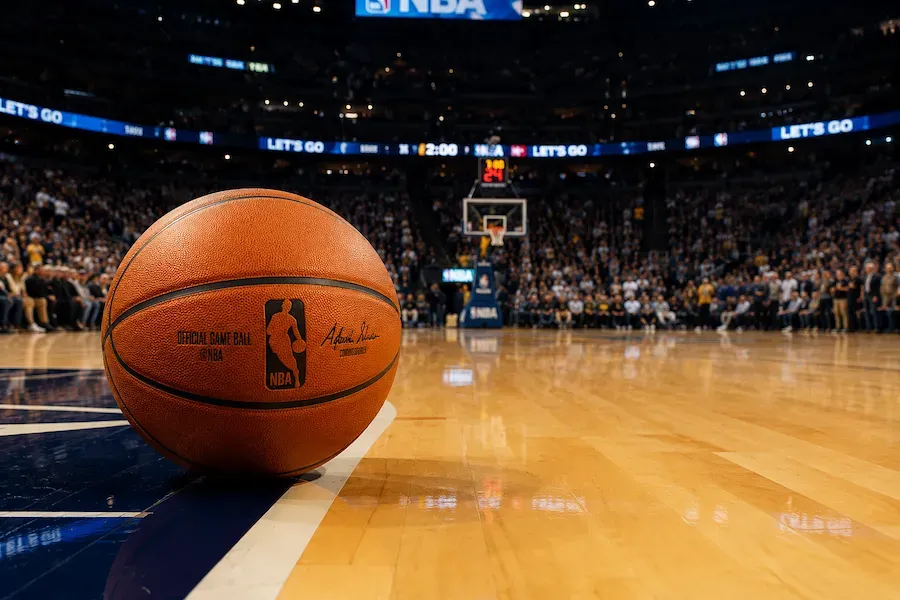 NBA - Image of basketball on court floor.