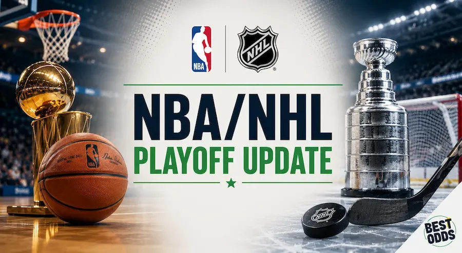 NBA/NHL Playoff Update - Banner with trophies and logos