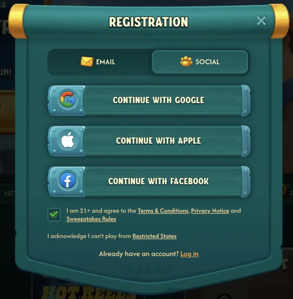 Bigpirate - Registration banner with login options.
