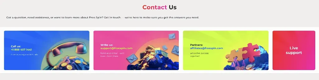 Free Spin - Banner with contact options.