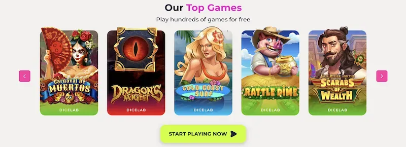 DiceLab - Banner with top free games displayed.