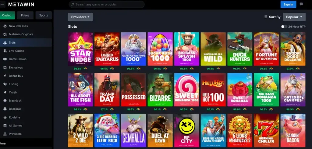 Metawin - Dashboard with slot game selections.