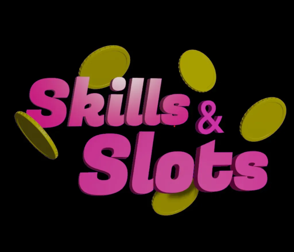 Skills & Slots - Logo with pink text and coins.