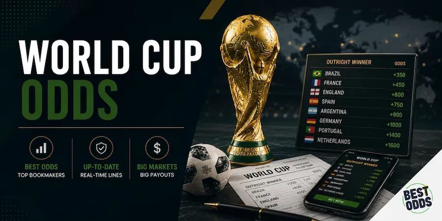World Cup Odds - Banner with trophy and odds list.