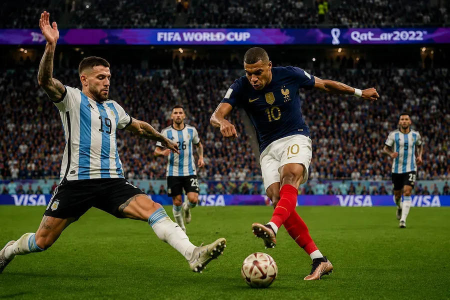 World Cup play on pitch with intense action.