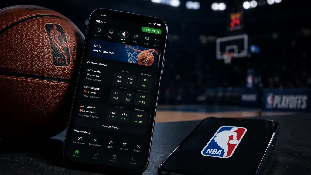 NBA - Product photo with betting app interface.