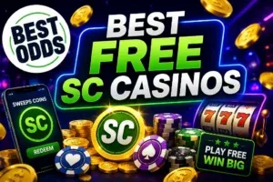 Best Free SC Casinos - Banner with coins and slots.