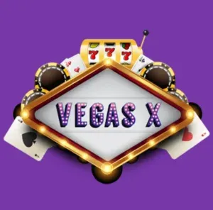 Vegas X - Logo with gaming elements and purple background.