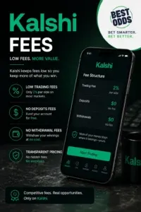 Kalshi - Banner with fee structure details.
